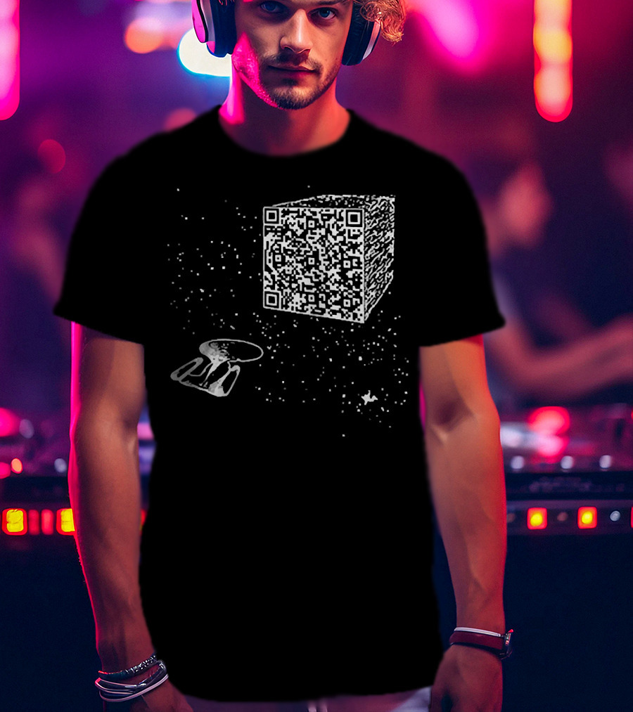 Scan QR Code Spaceship And Cube In Space T-Shirt