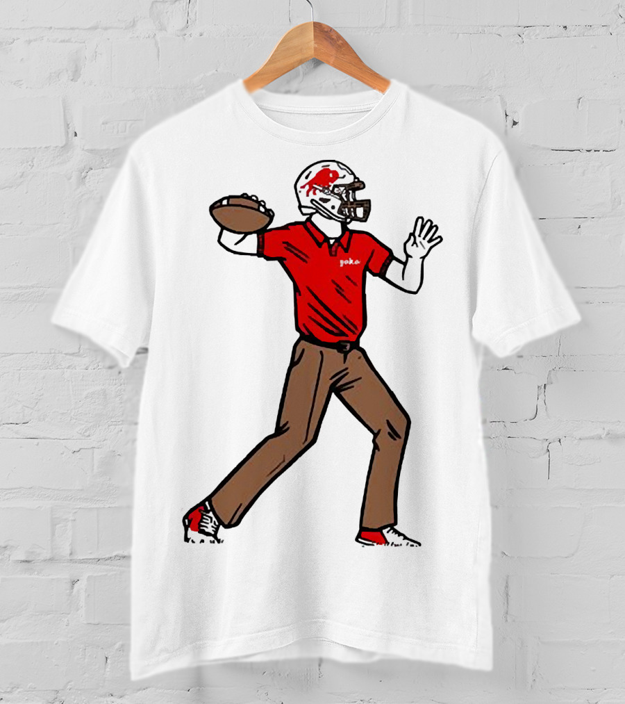 Jake From Buffalo Football Player Throwing Pass Brown Pants Red Shirt Helmet T-Shirt