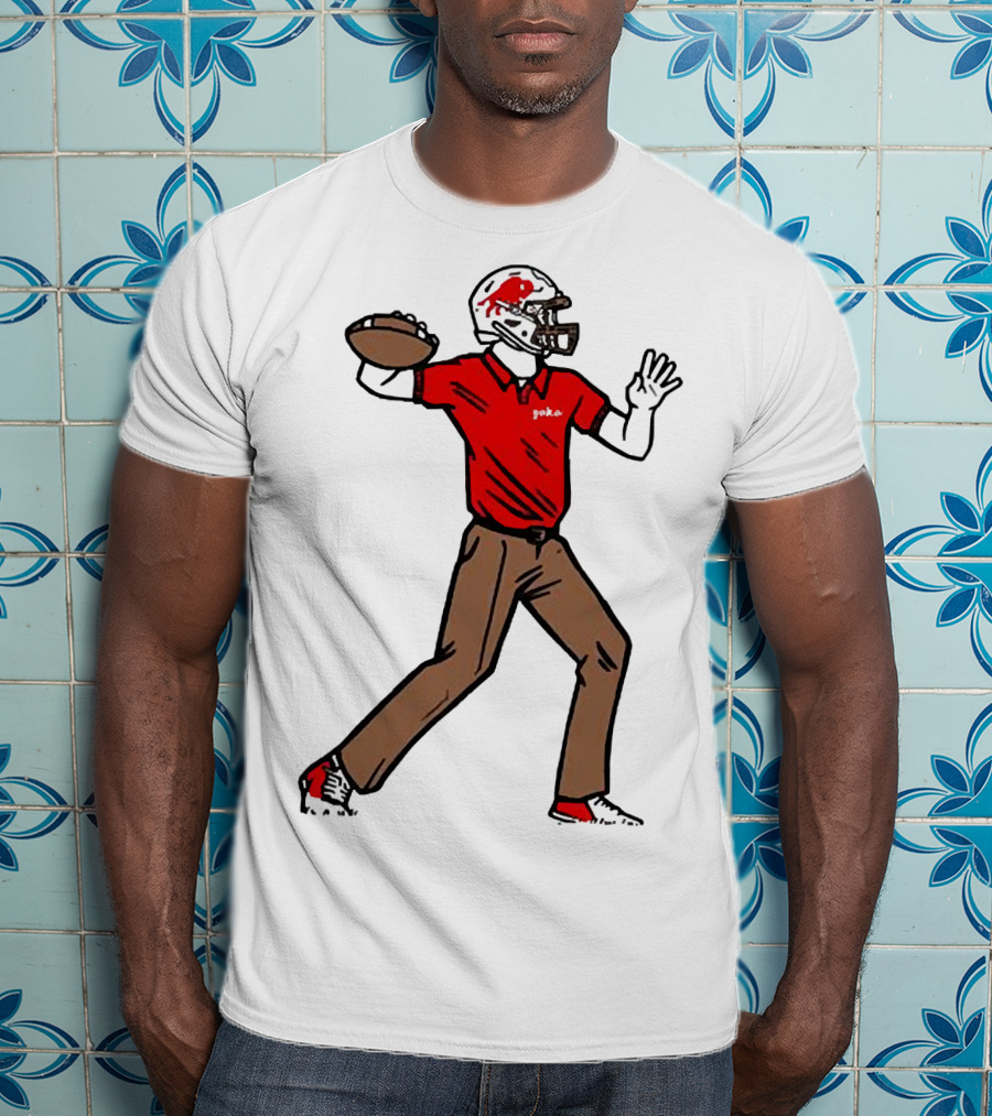 Jake From Buffalo Football Player Throwing Pass Brown Pants Red Shirt Helmet T-Shirt