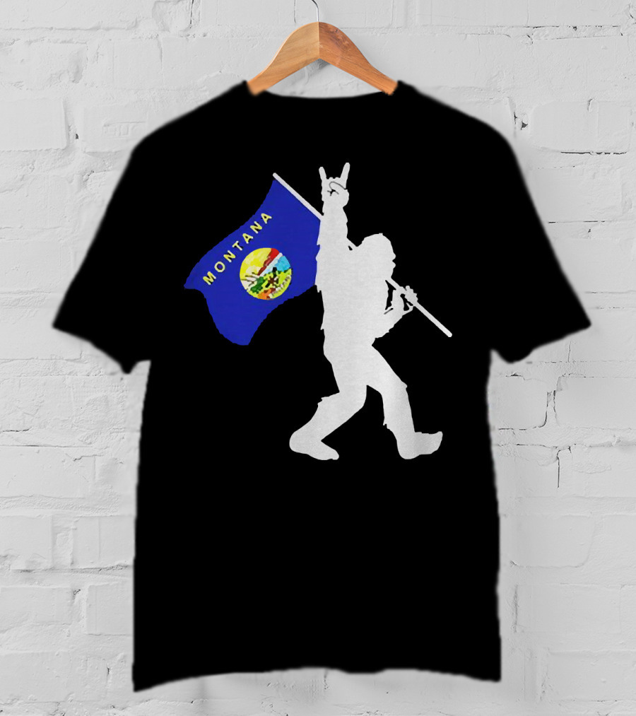 Bigfoot Holding Montana State Flag Middle Finger Gesture T-Shirt