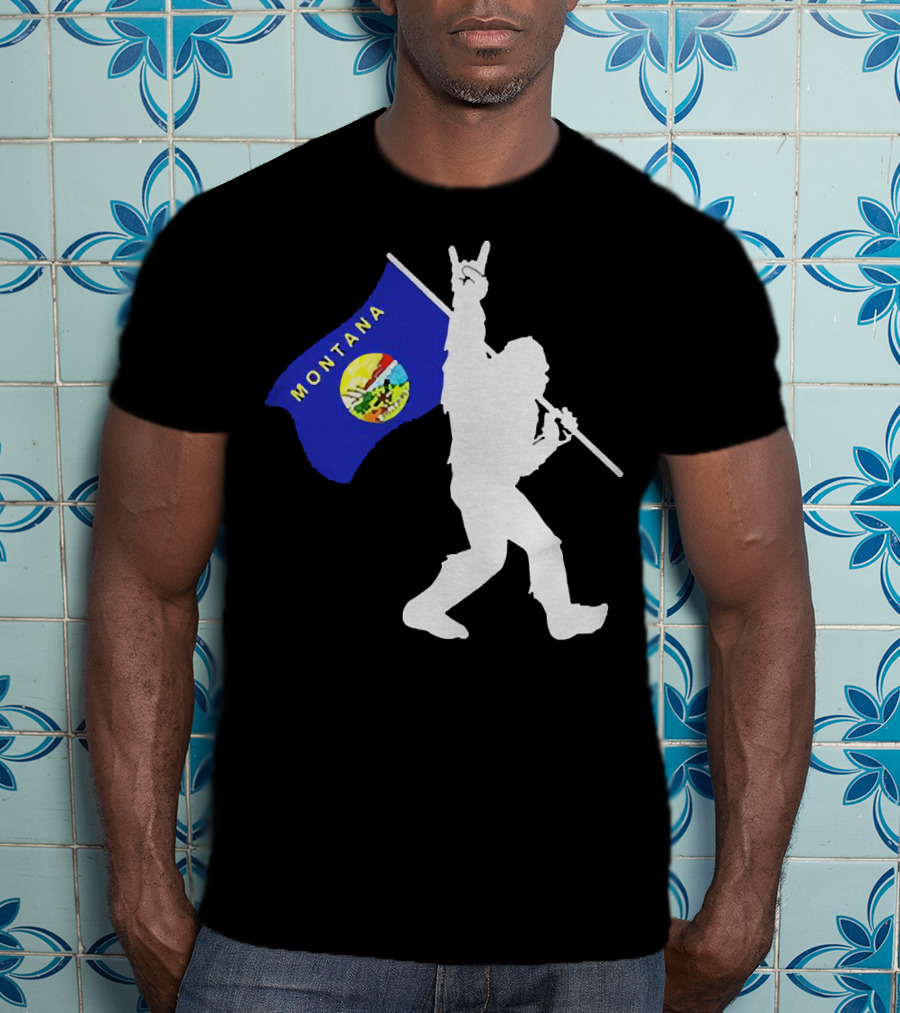 Bigfoot Holding Montana State Flag Middle Finger Gesture T-Shirt