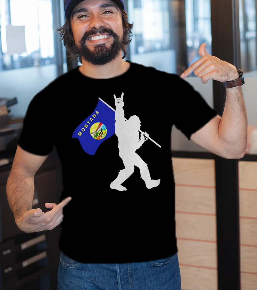 Bigfoot Holding Montana State Flag Middle Finger Gesture T-Shirt