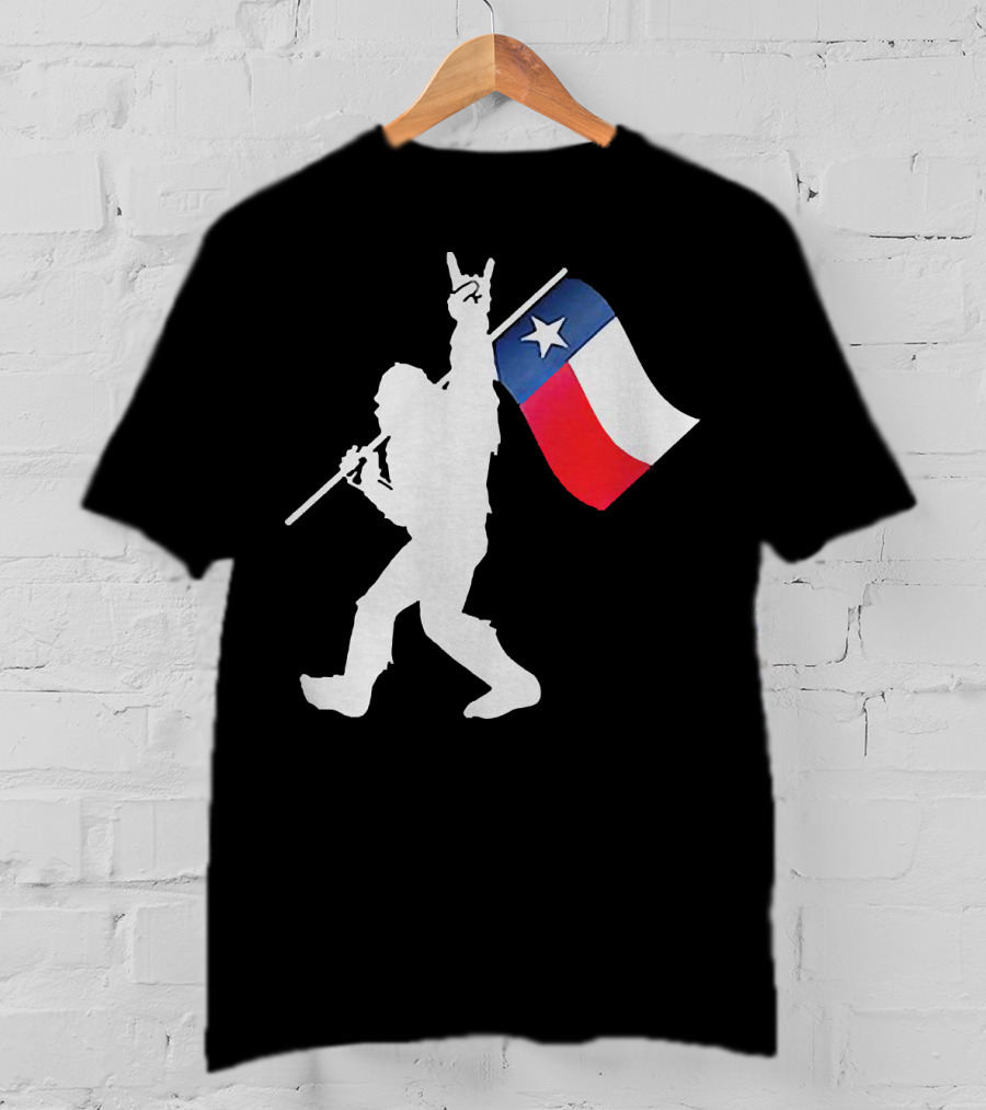 Bigfoot Holding Texas Flag Rock And Roll Salute T-Shirt