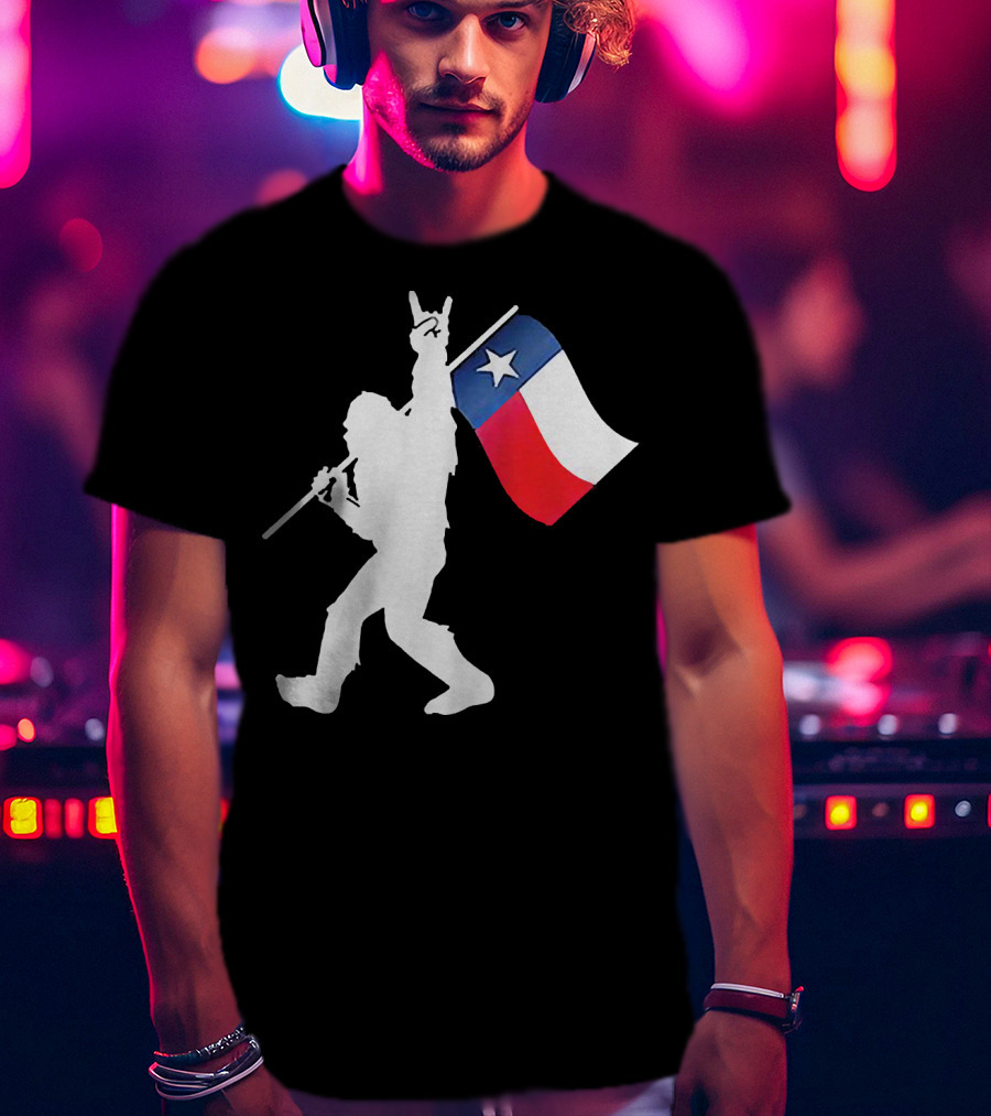 Bigfoot Holding Texas Flag Rock And Roll Salute T-Shirt