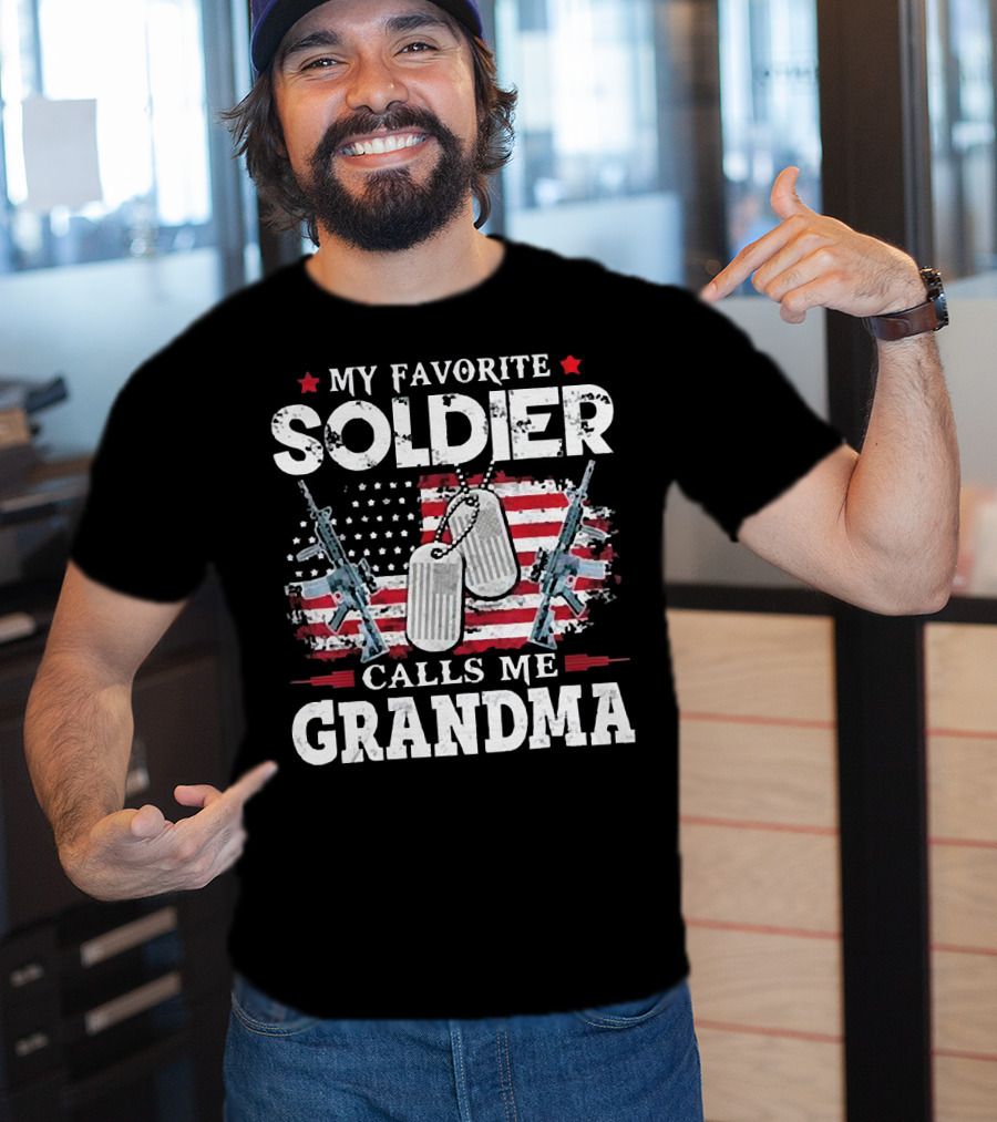 My Favorite Soldier Calls Me Grandma USA Flag Dog Tags Rifle T-Shirt