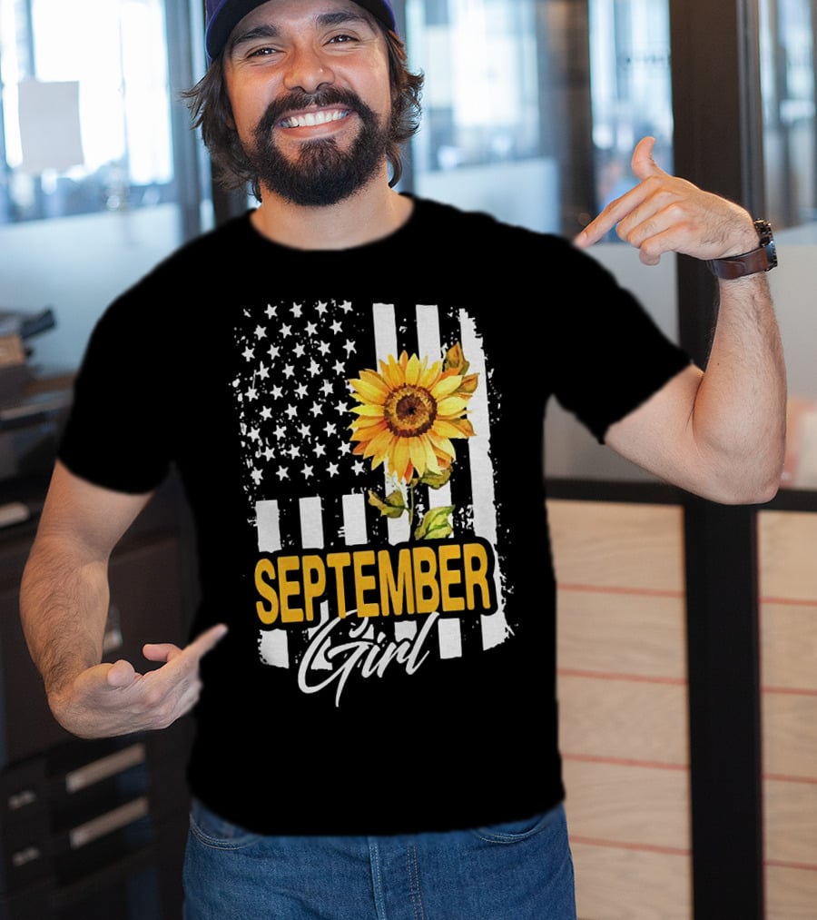 September Girl Sunflowers With American Flag T-Shirt