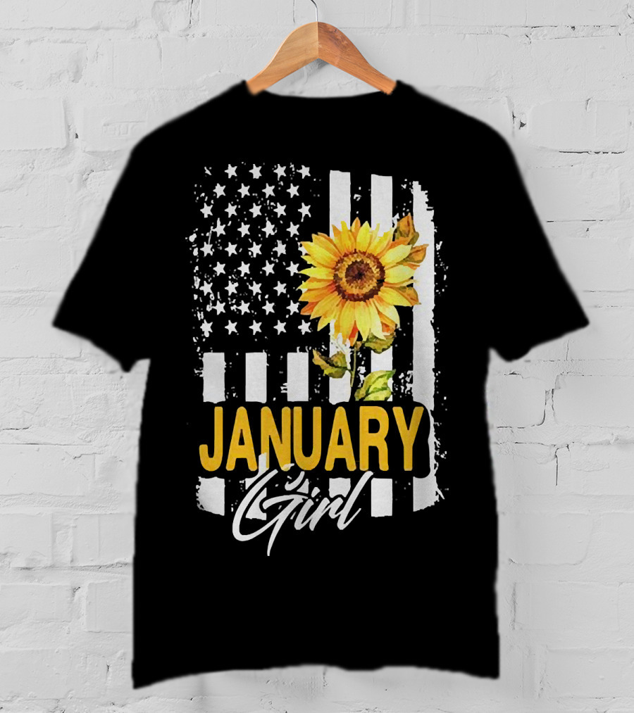 Sunflowers January Girl American Flag T-Shirt