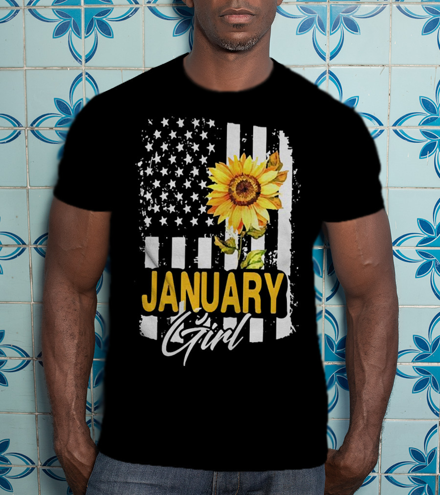 Sunflowers January Girl American Flag T-Shirt