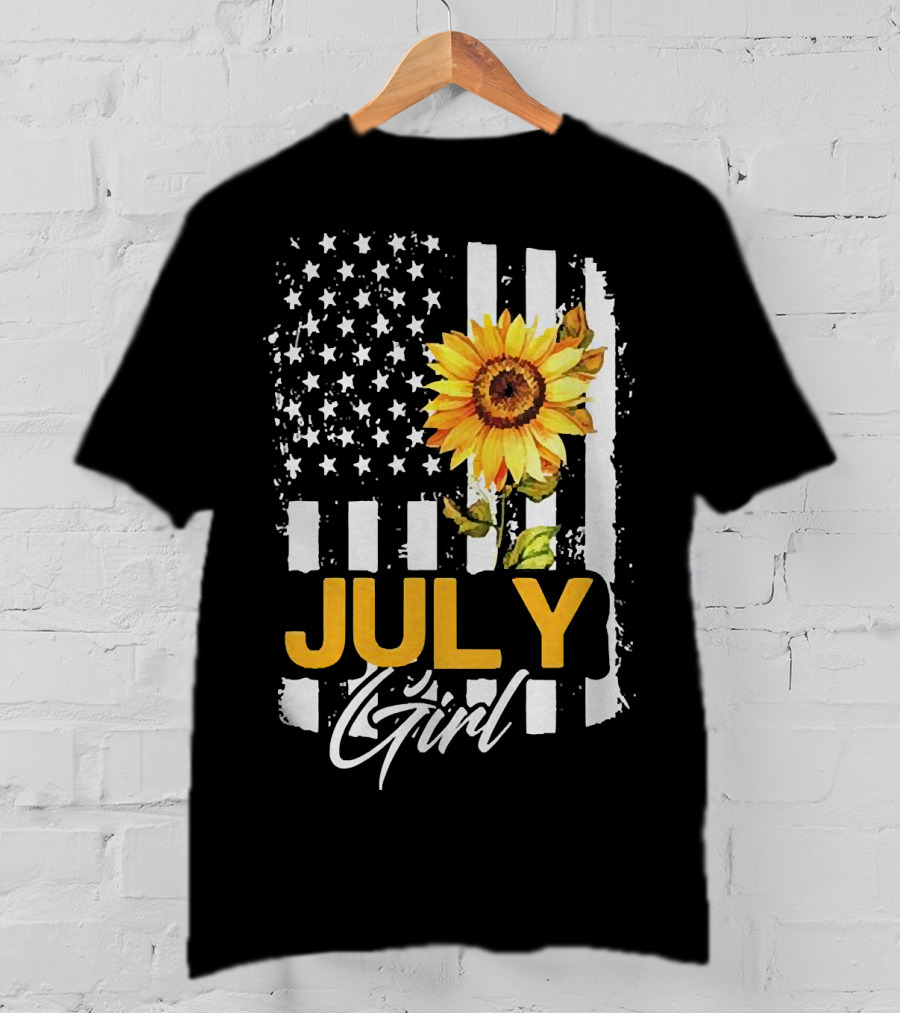 July Girl Sunflower American Flag T-Shirt