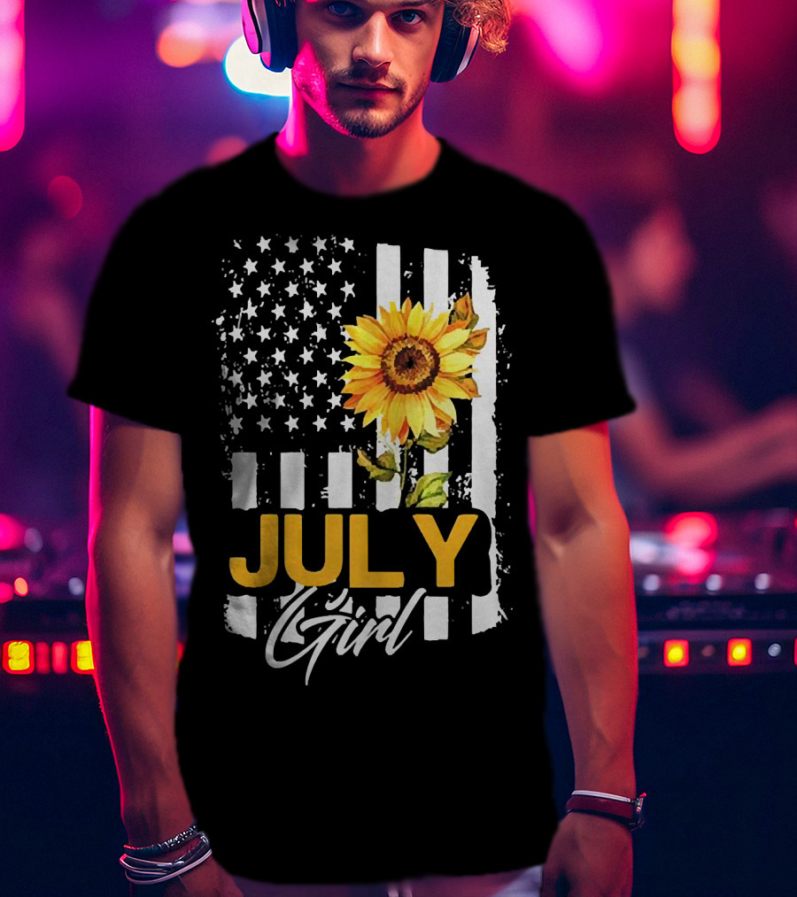 July Girl Sunflower American Flag T-Shirt