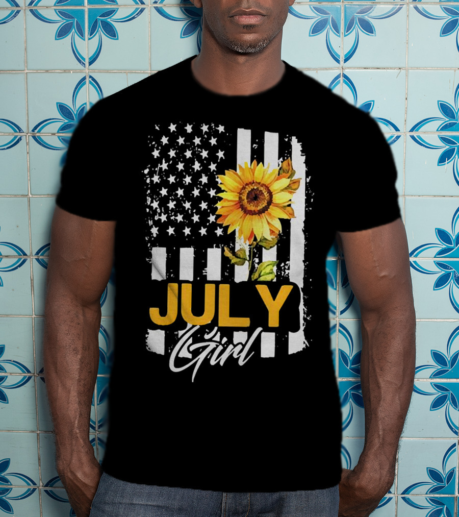 July Girl Sunflower American Flag T-Shirt