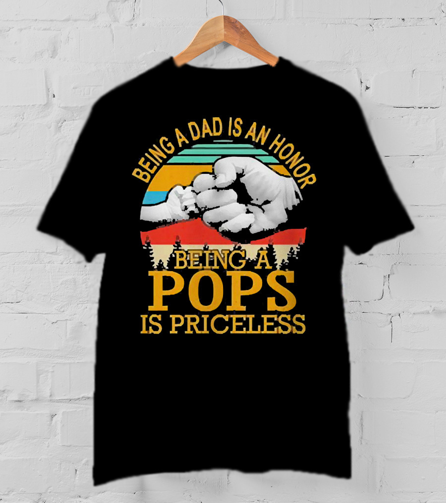 Being A Dad Is An Honor Being A Pops Is Priceless Forest Fist Bump Retro Stripes T-Shirt