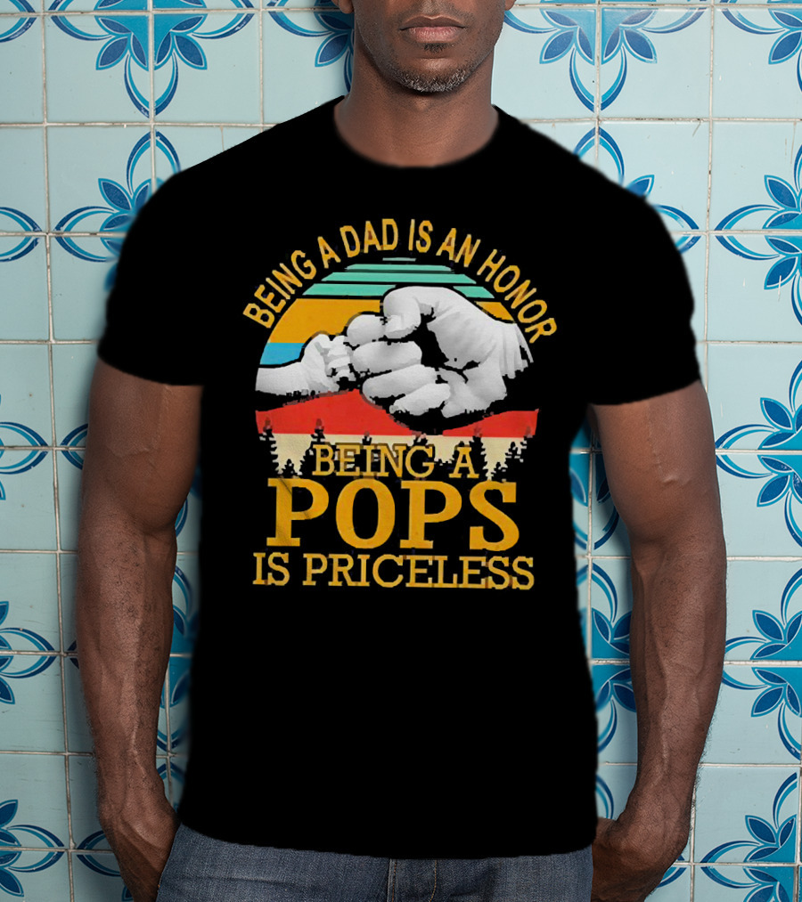 Being A Dad Is An Honor Being A Pops Is Priceless Forest Fist Bump Retro Stripes T-Shirt