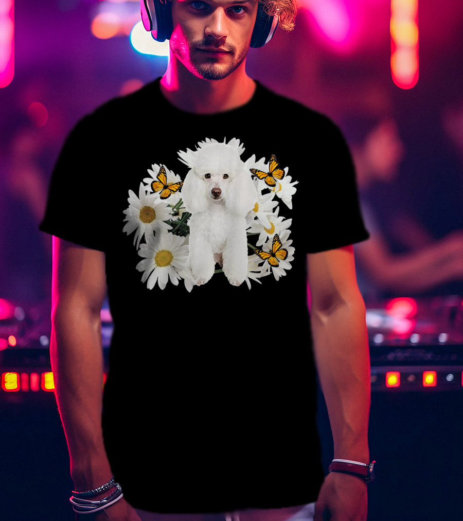 French Poodle Daisy With Butterflies And Flowers T-Shirt