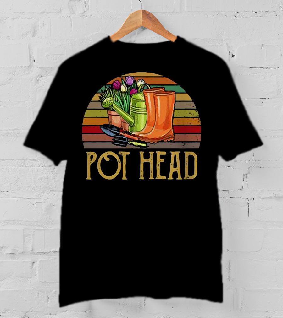 Pot Head Gardening Boots Watering Can Flowers Sunset Stripes T-Shirt