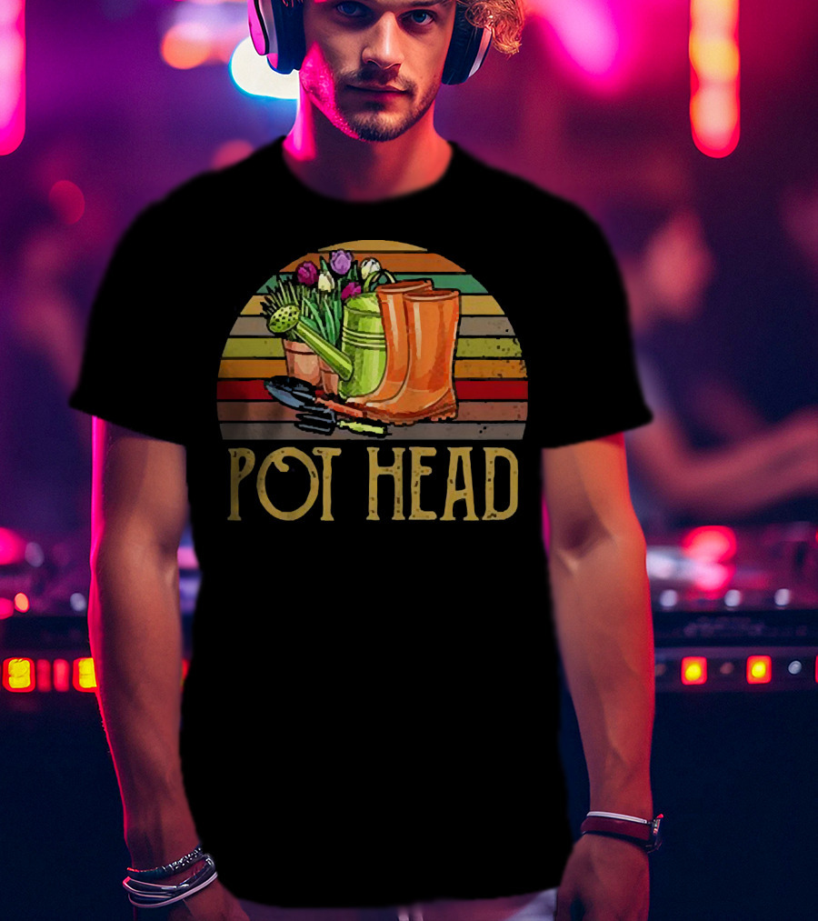 Pot Head Gardening Boots Watering Can Flowers Sunset Stripes T-Shirt