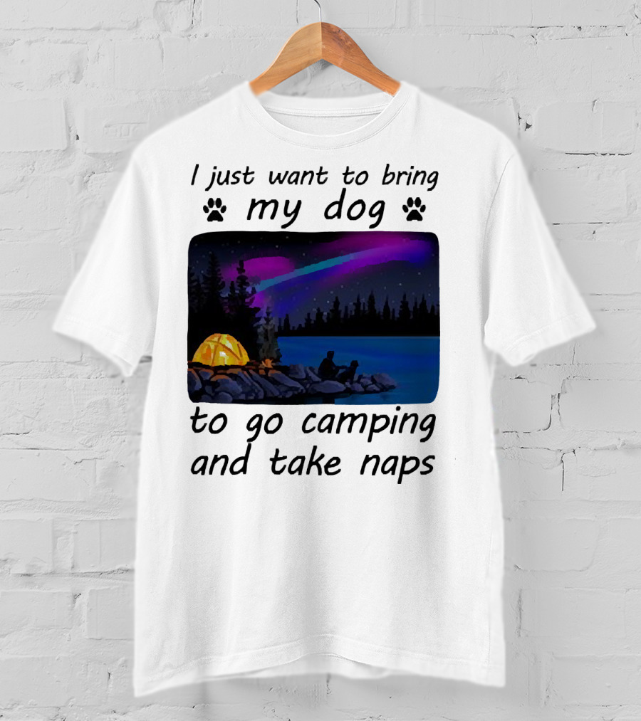 I Just Want To Bring My Dog To Go Camping And Take Naps With Aurora Borealis And Tent By Lake T-Shirt