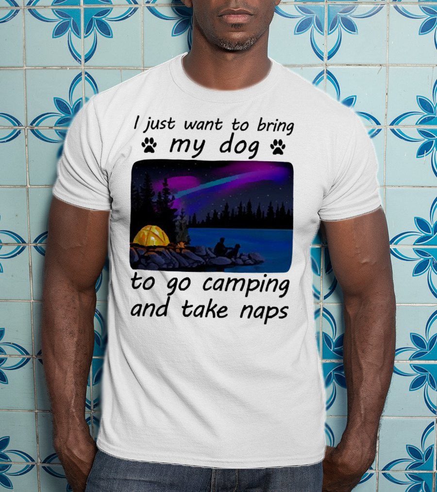 I Just Want To Bring My Dog To Go Camping And Take Naps With Aurora Borealis And Tent By Lake T-Shirt