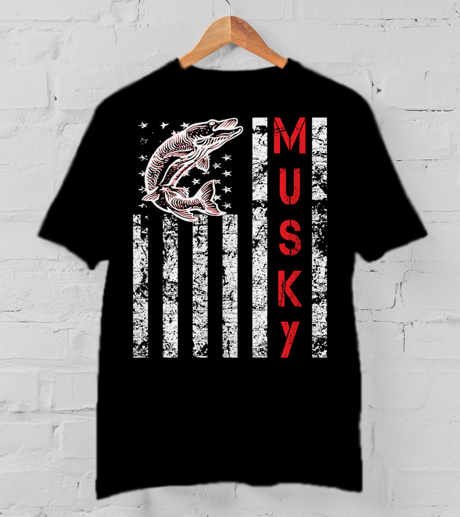 Musky Fishing Distressed Flag With Musky Catch And Stars T-Shirt