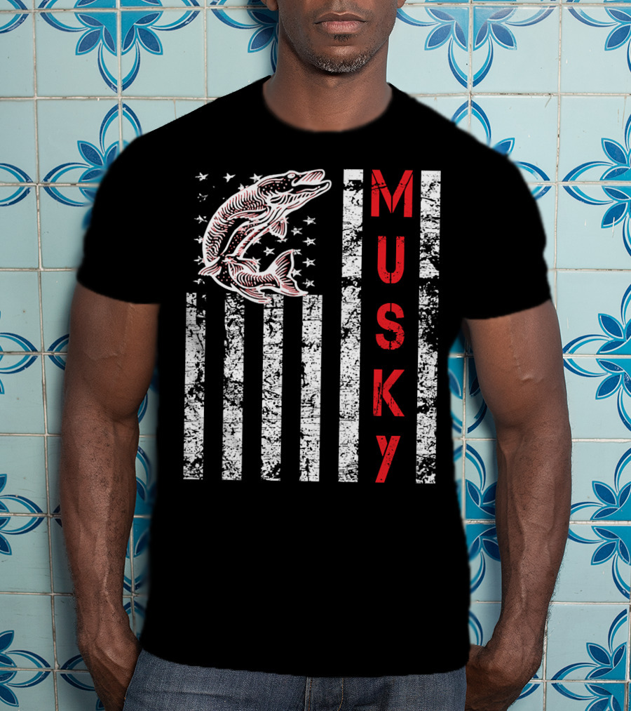 Musky Fishing Distressed Flag With Musky Catch And Stars T-Shirt