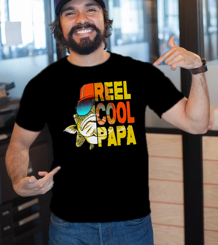 Fathers Day Fishing Reel Cool Papa Fish Wearing Hat Sunglasses T-Shirt