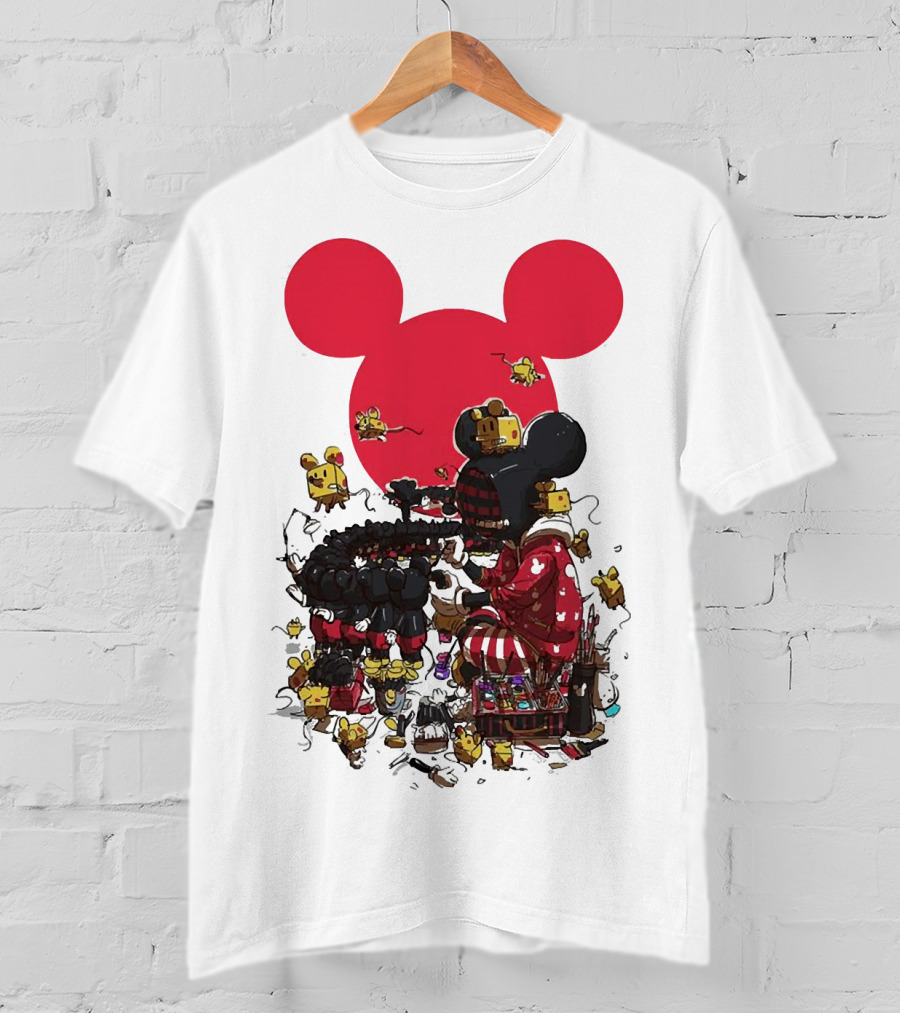 Mickey Mouse Red Circle Artist Scene With Small Characters T-Shirt