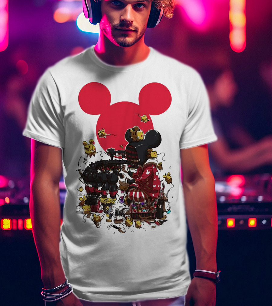 Mickey Mouse Red Circle Artist Scene With Small Characters T-Shirt