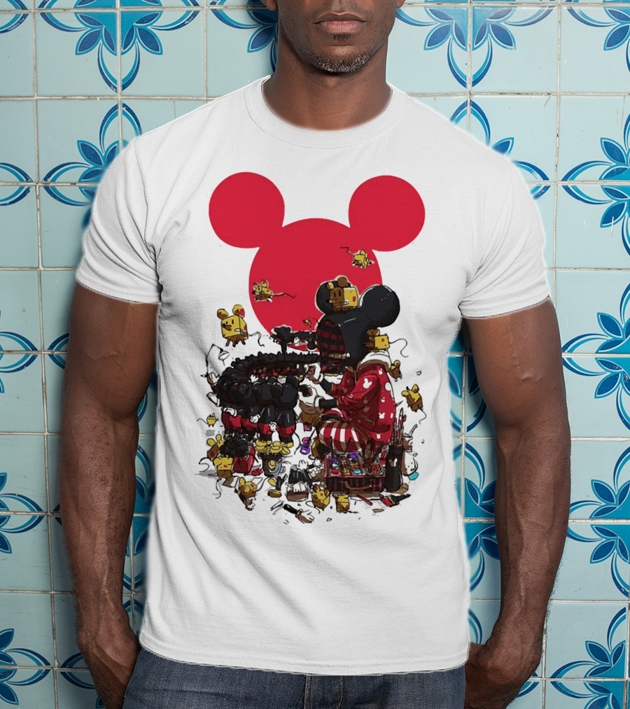 Mickey Mouse Red Circle Artist Scene With Small Characters T-Shirt