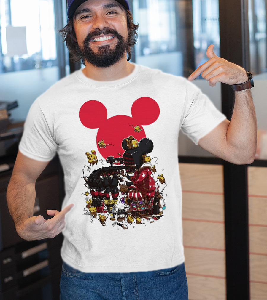 Mickey Mouse Red Circle Artist Scene With Small Characters T-Shirt