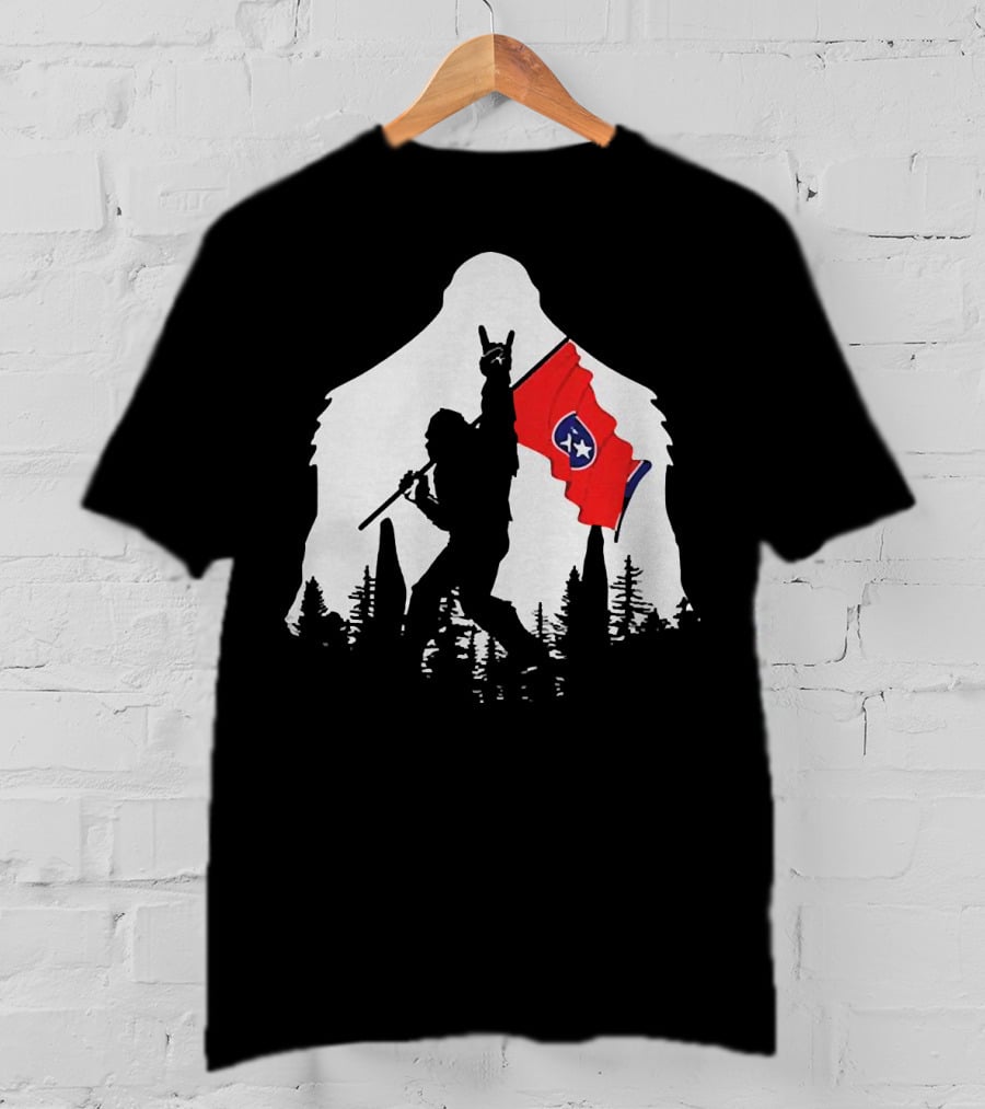 Bigfoot Silhouette With Rock And Roll Pose Holding Tennessee Flag In Forest T-Shirt