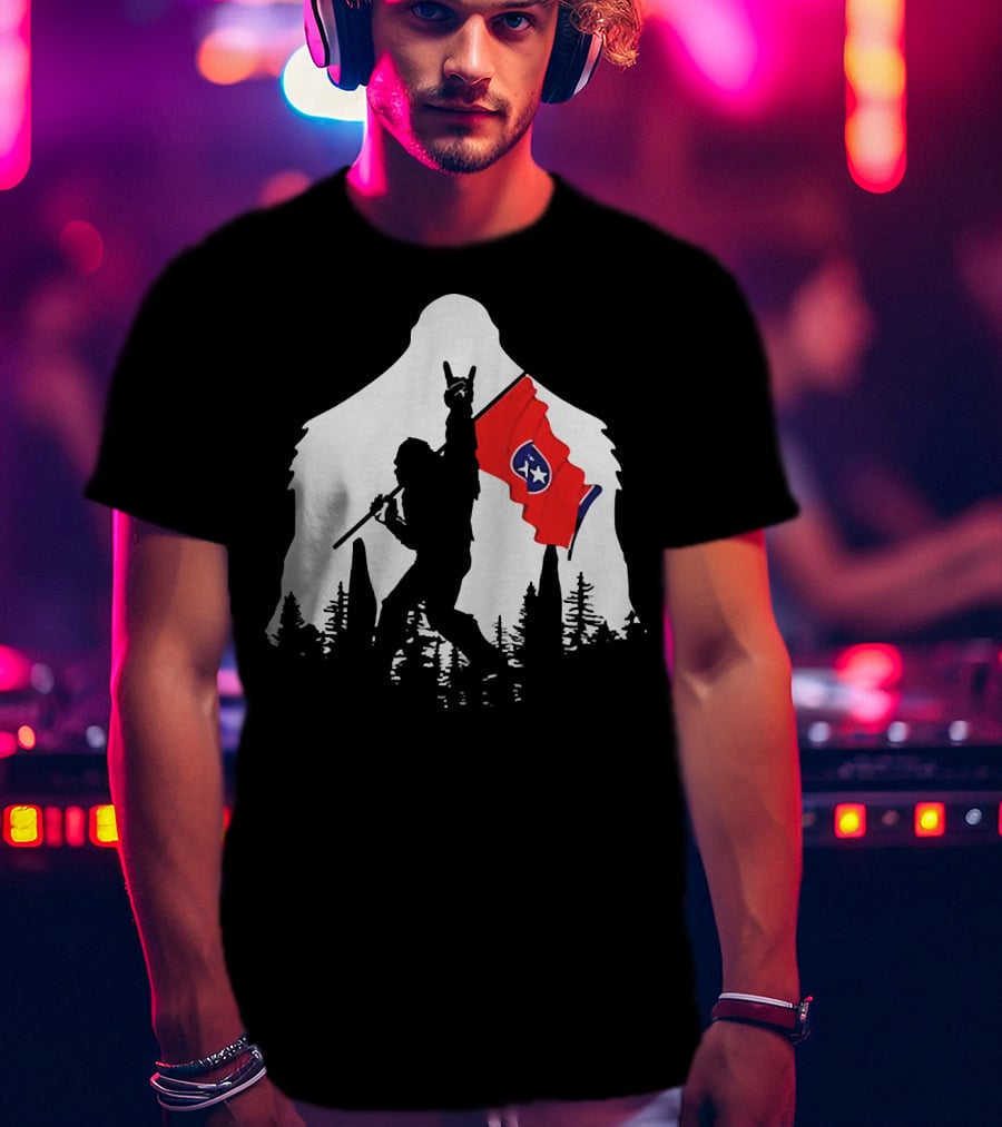 Bigfoot Silhouette With Rock And Roll Pose Holding Tennessee Flag In Forest T-Shirt