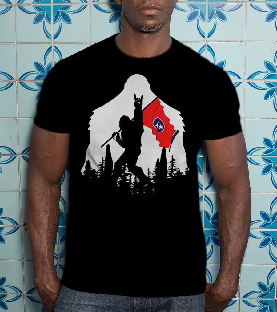 Bigfoot Silhouette With Rock And Roll Pose Holding Tennessee Flag In Forest T-Shirt