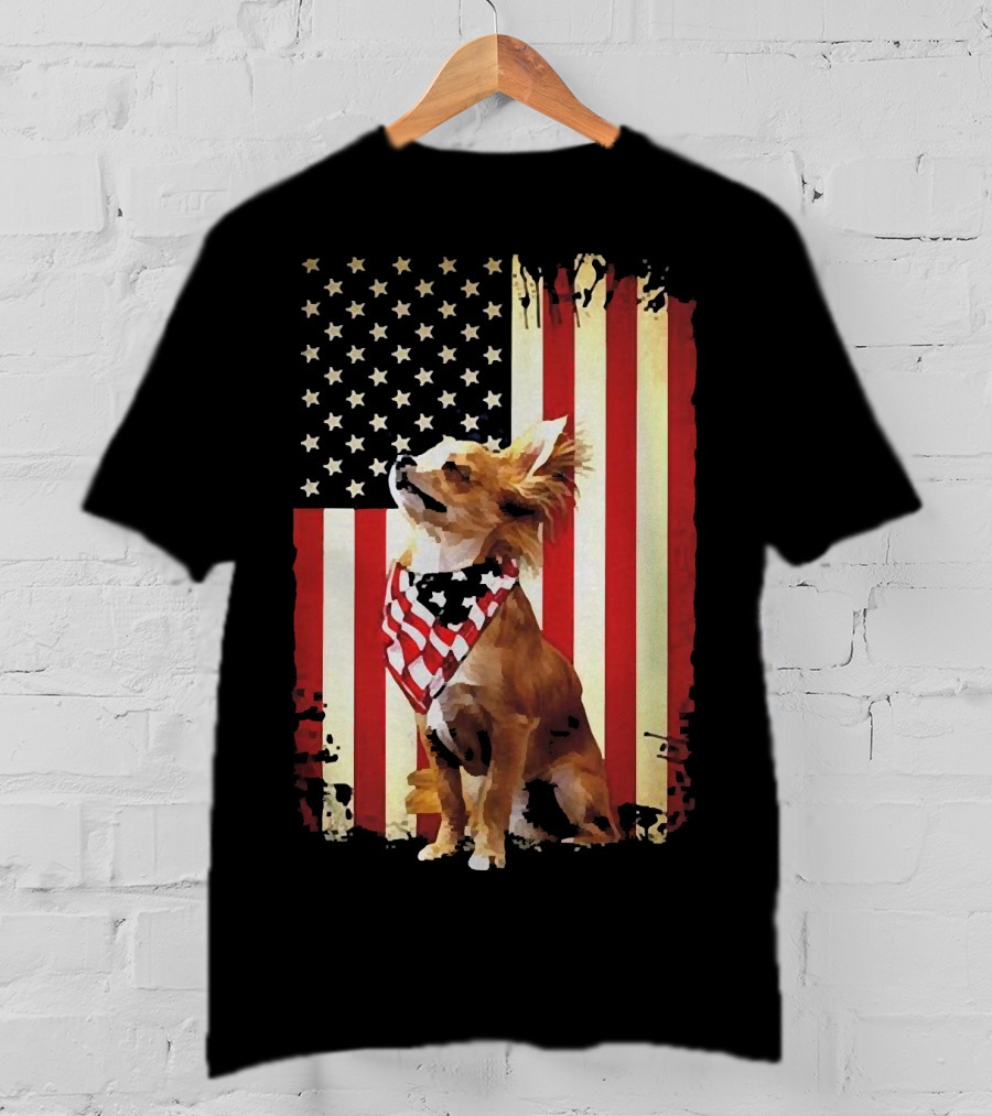 Patriotic Chihuahua With American Flag Background T-Shirt