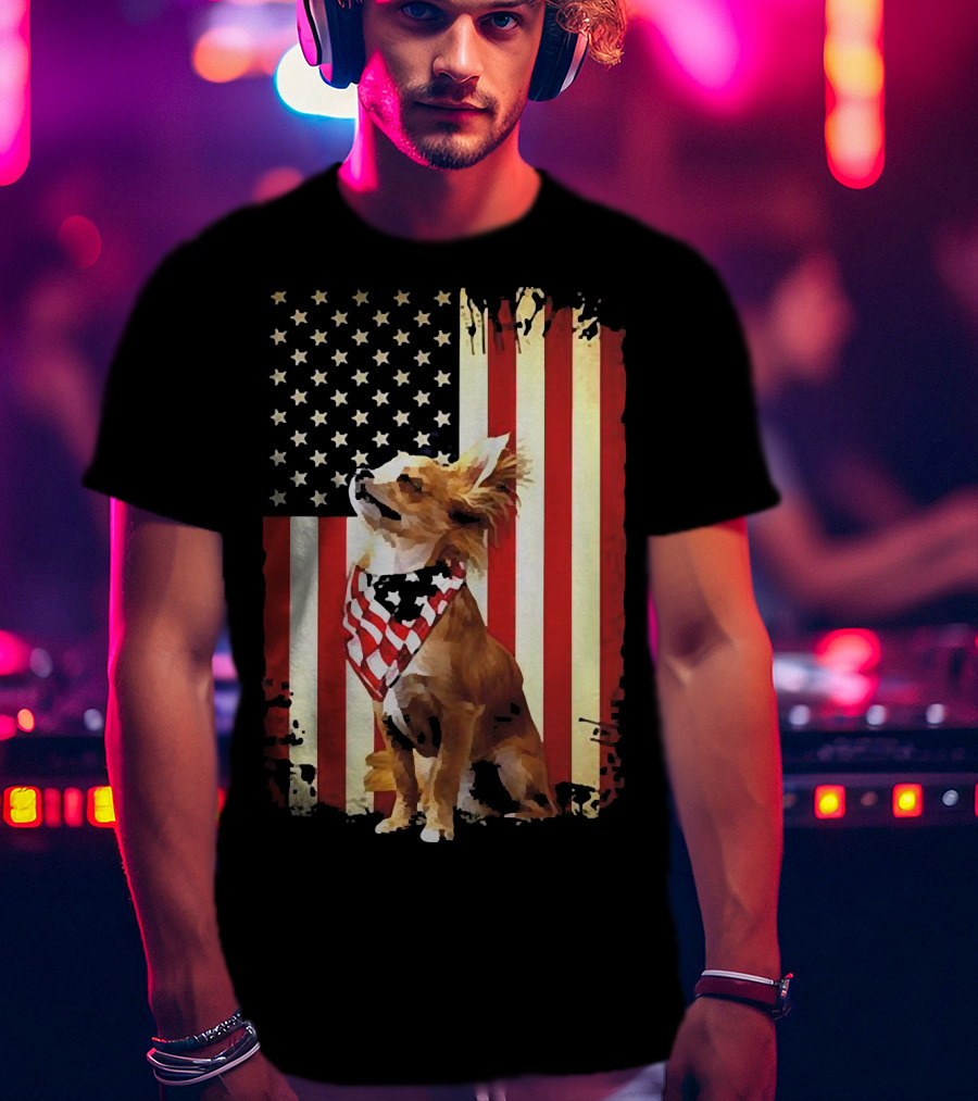 Patriotic Chihuahua With American Flag Background T-Shirt
