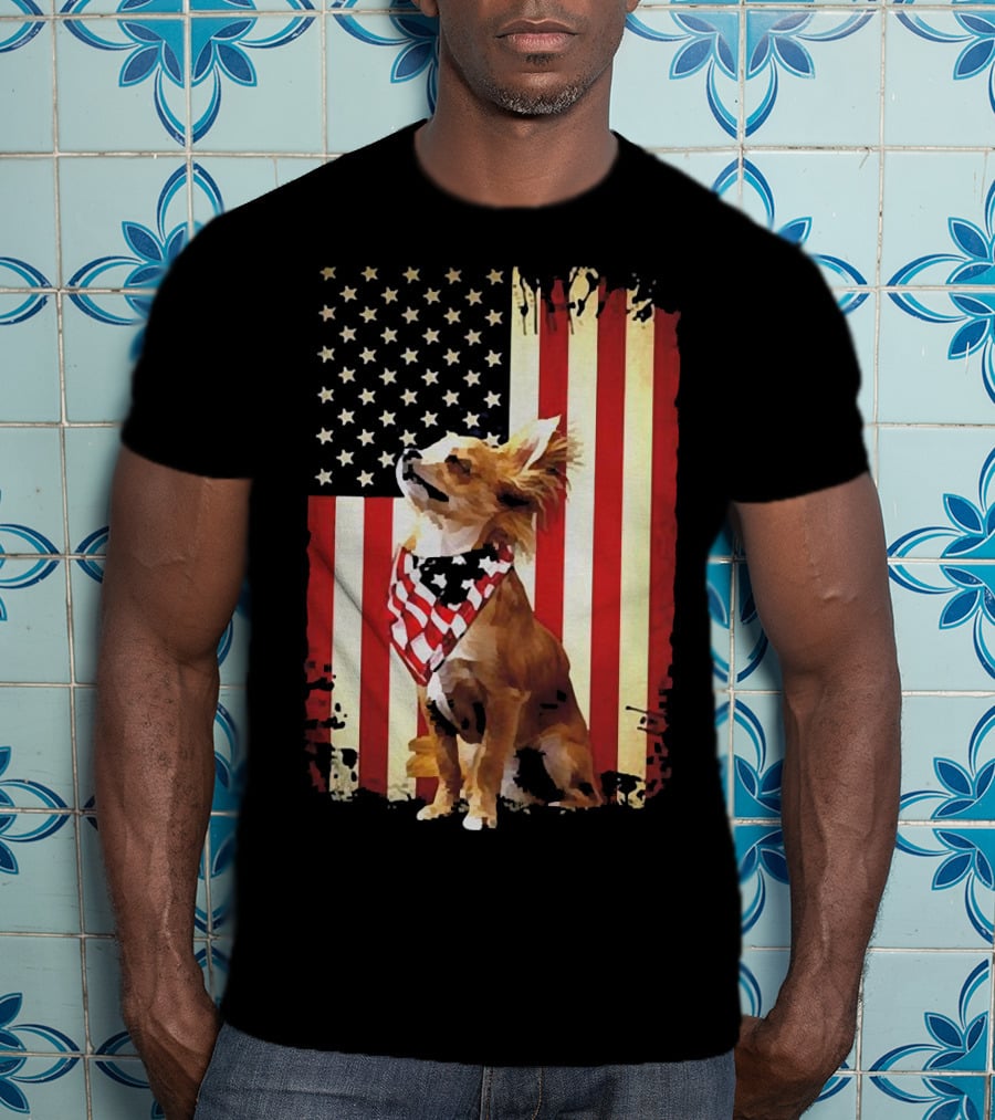 Patriotic Chihuahua With American Flag Background T-Shirt