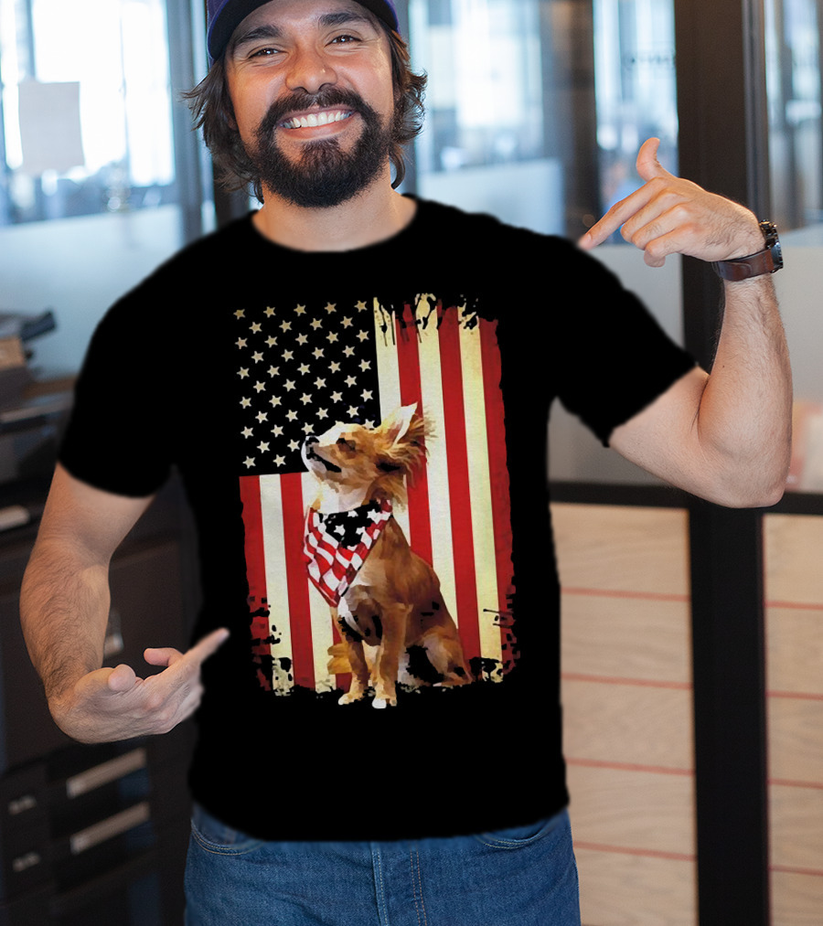 Patriotic Chihuahua With American Flag Background T-Shirt