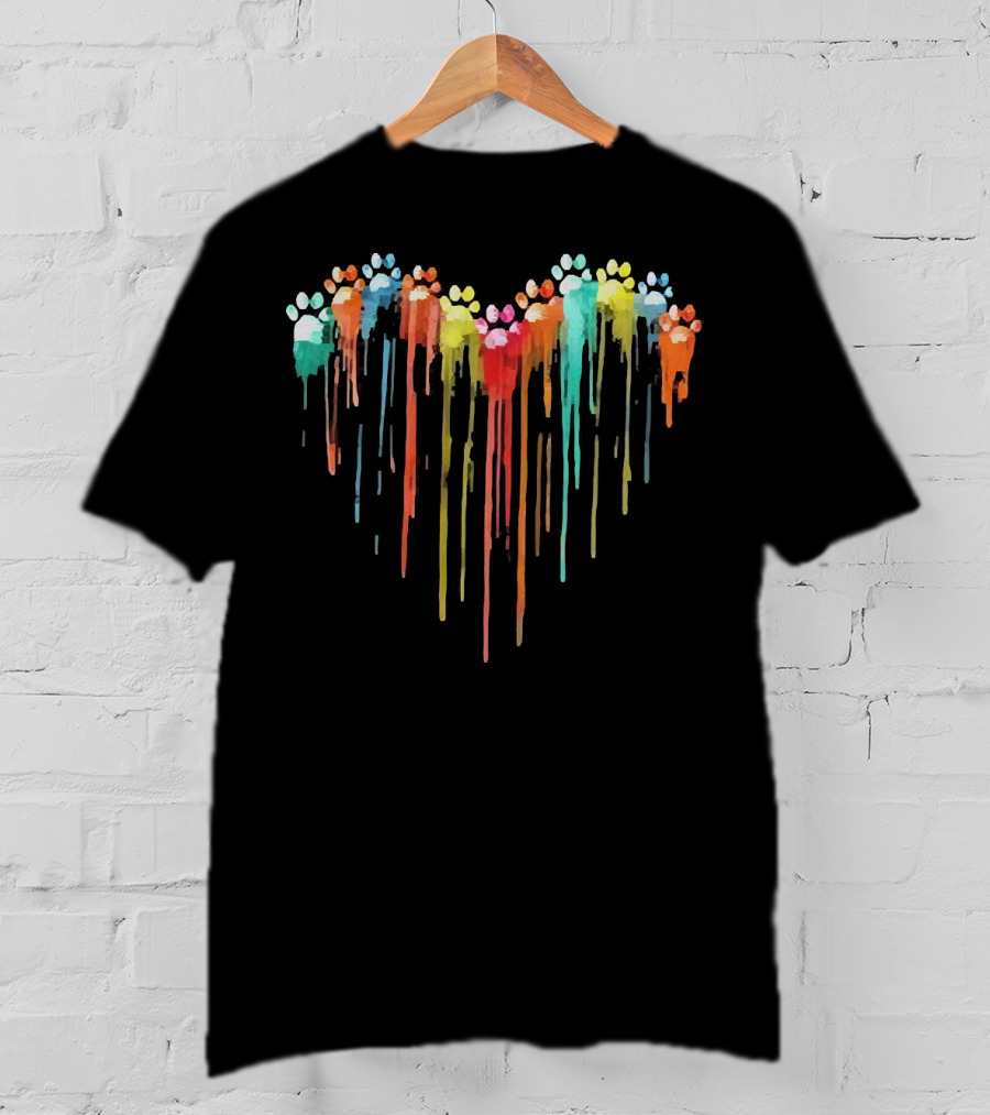 Dog Paw Heart Watercolor Rainbow Drip T-Shirt