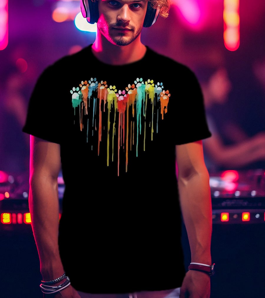 Dog Paw Heart Watercolor Rainbow Drip T-Shirt