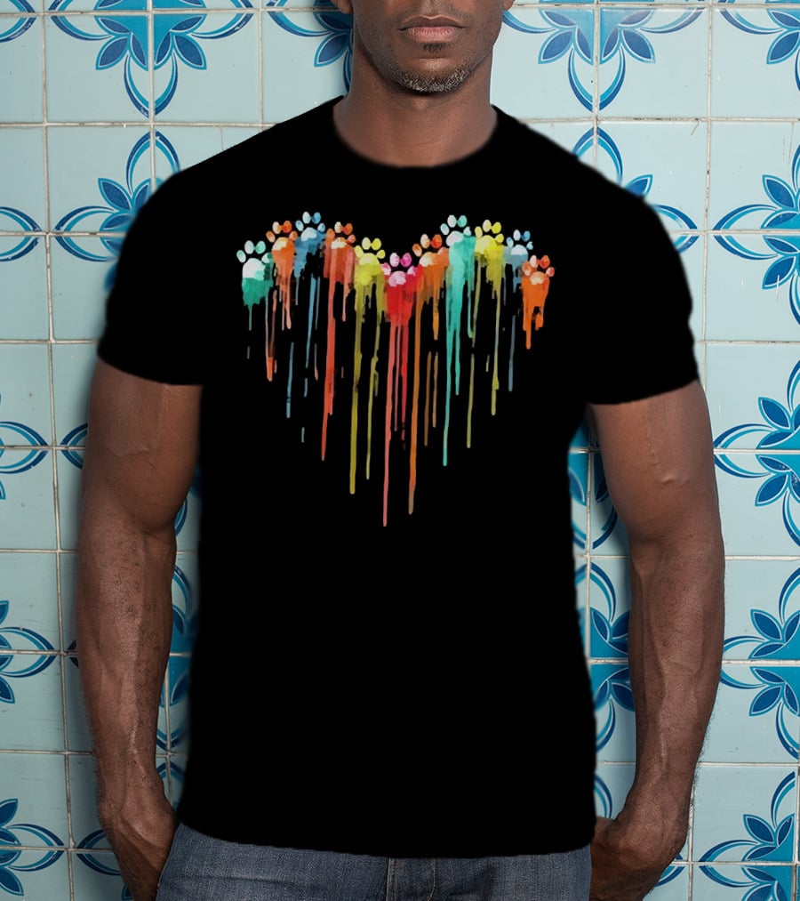 Dog Paw Heart Watercolor Rainbow Drip T-Shirt