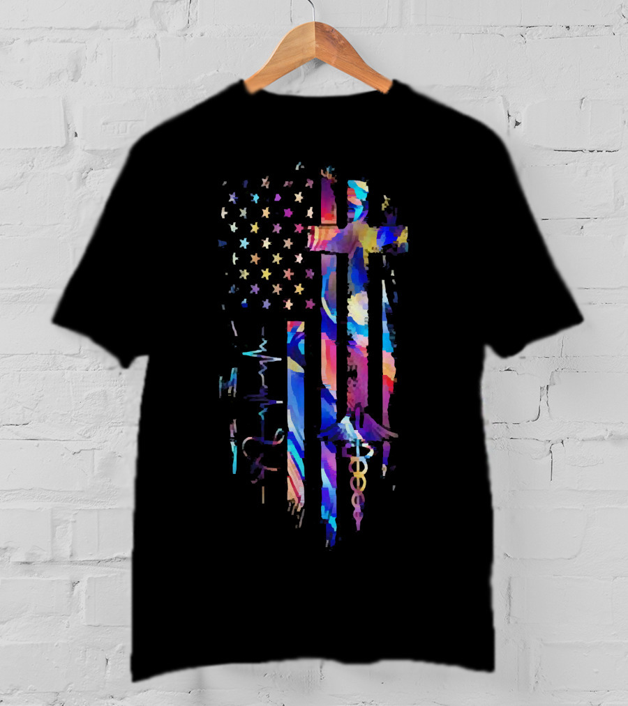 Stethoscope Heartbeat Nurse God Colorful Cross America Flag T-Shirt