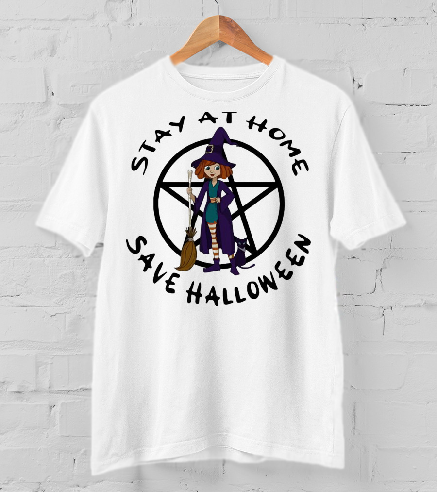 Stay At Home Save Halloween Witch With Broom And Black Cat T-Shirt