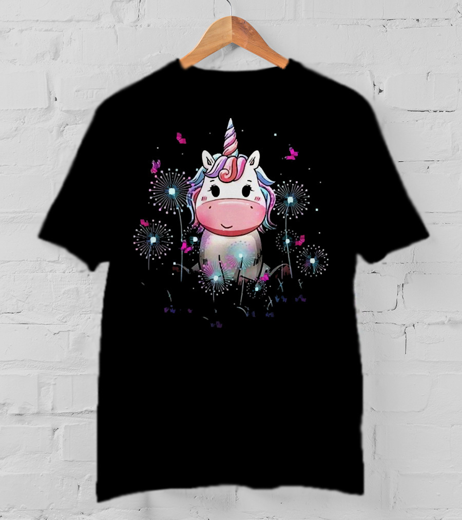 Baby Unicorn With Dandelion Flowers And Butterflies T-Shirt