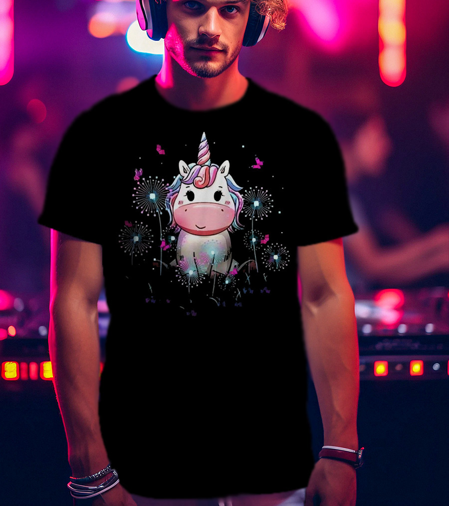 Baby Unicorn With Dandelion Flowers And Butterflies T-Shirt