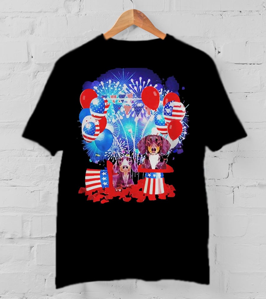 Dachshund American Flag Fireworks Balloons Independence Day T-Shirt