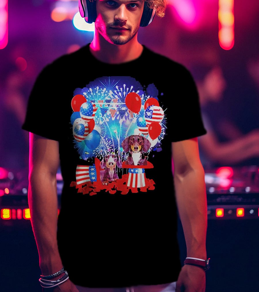Dachshund American Flag Fireworks Balloons Independence Day T-Shirt