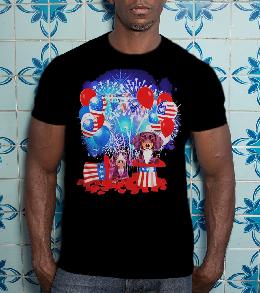 Dachshund American Flag Fireworks Balloons Independence Day T-Shirt