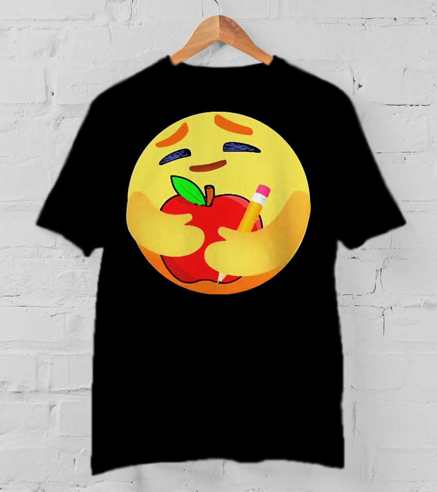 Teacher Care Emoji Hugging Apple And Pencil T-Shirt