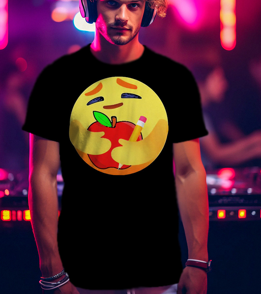 Teacher Care Emoji Hugging Apple And Pencil T-Shirt