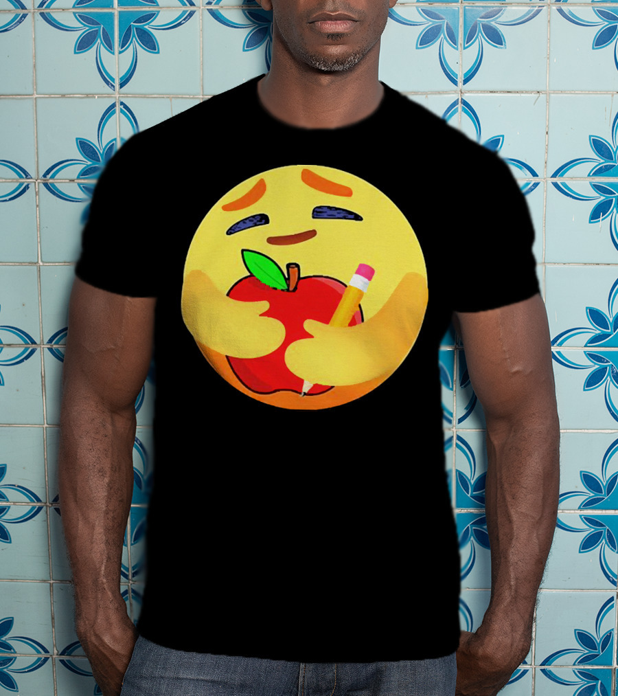 Teacher Care Emoji Hugging Apple And Pencil T-Shirt