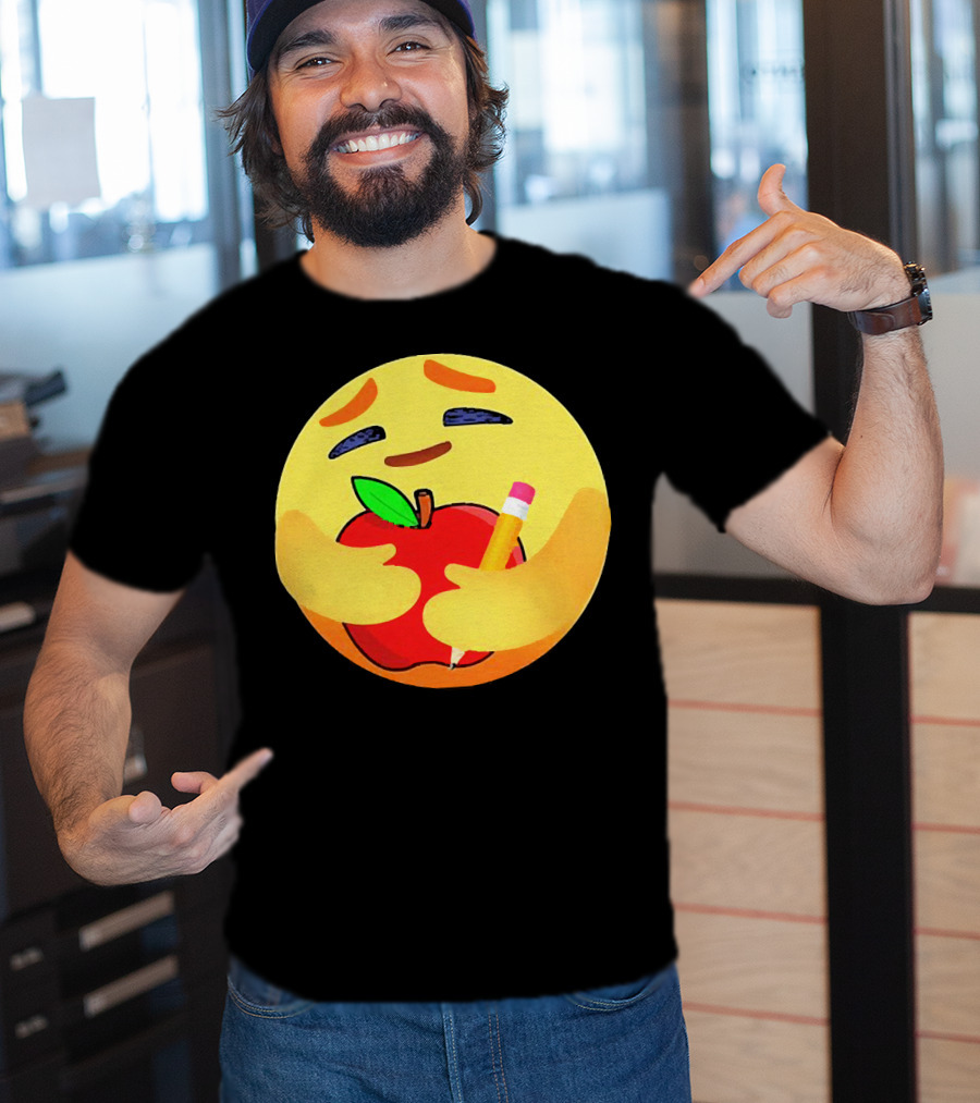 Teacher Care Emoji Hugging Apple And Pencil T-Shirt